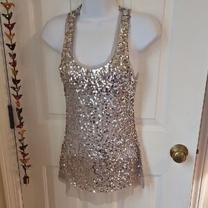 Lipstick Boutique Silver Sequin Sheer Scoop Neck Tank Top S